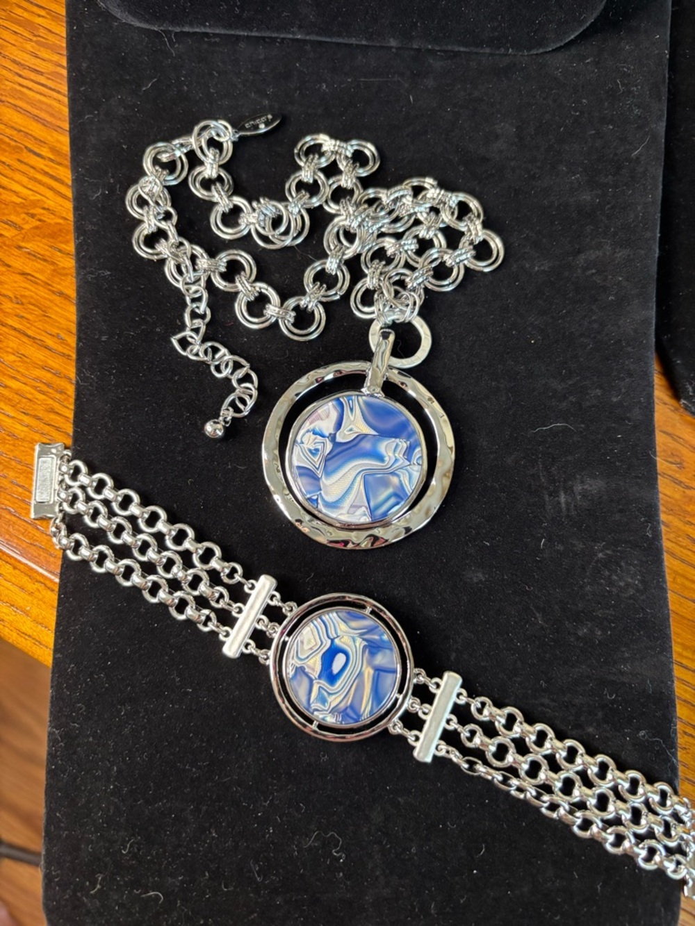 Chico’s Silver-Tone Reversible Necklace and Bracelet Set with Blue Swirl